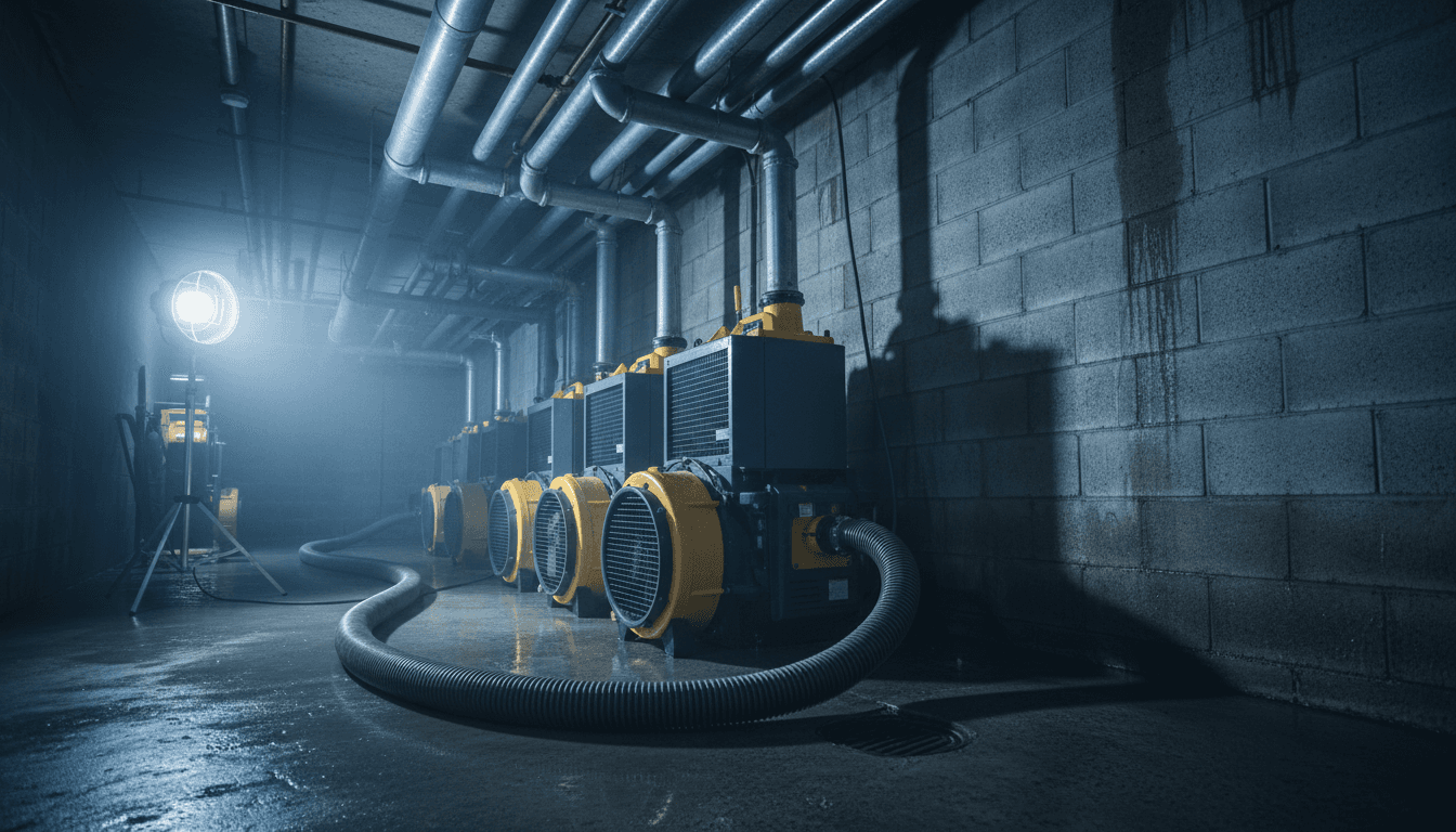 Water damage restoration equipment drying a basement
