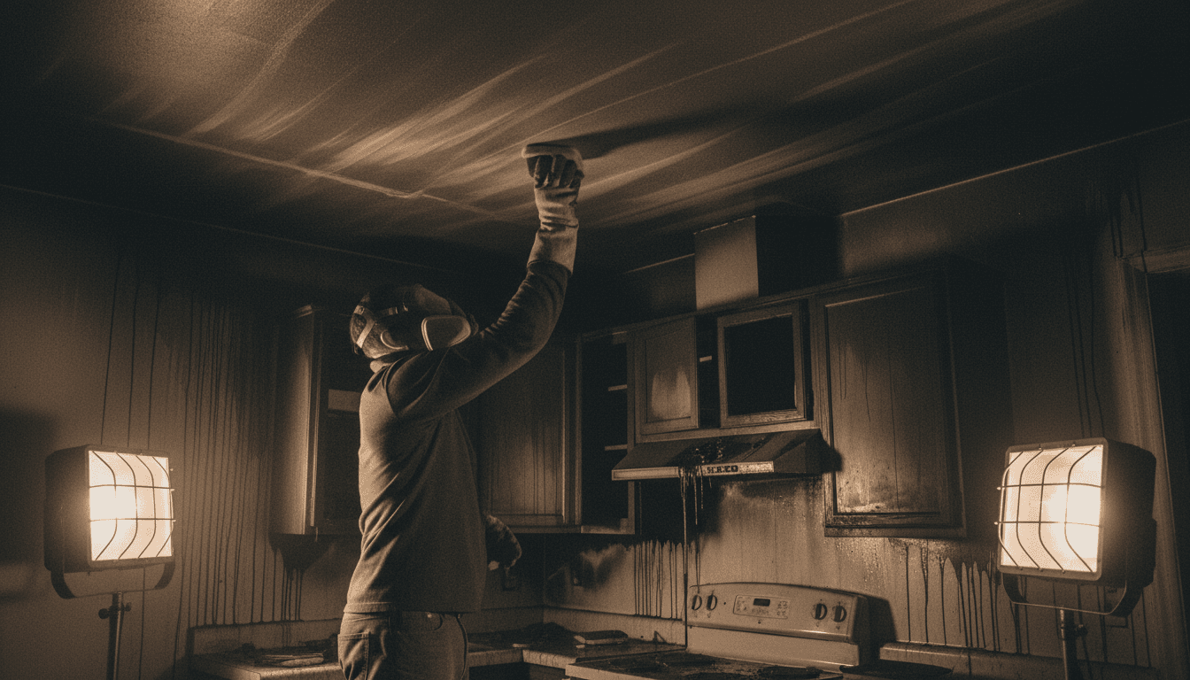 Contractor cleaning soot from a fire-damaged ceiling