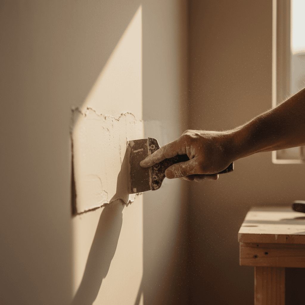 Contractor smoothing drywall joint compound with a knife, morning light catching dust particles