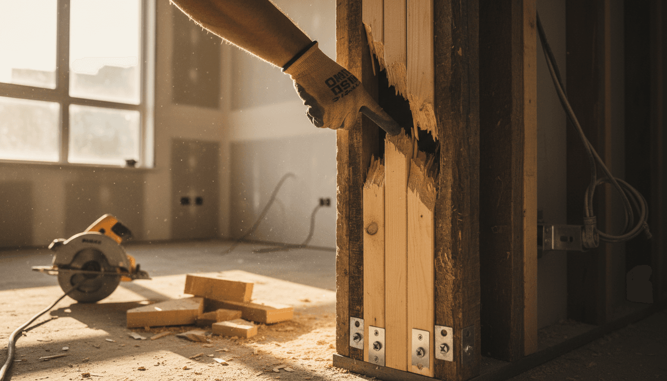 Contractor inspecting new framing after termite damage repair