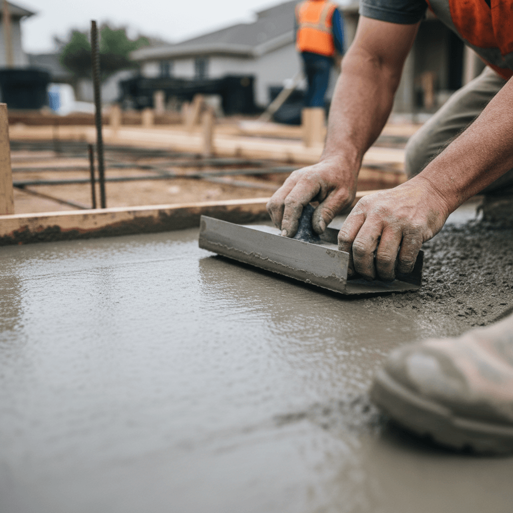 Contractor hands on fresh concrete foundation