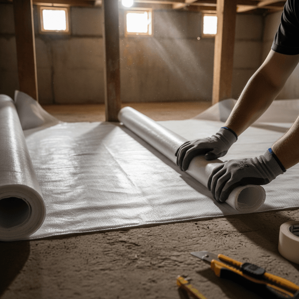 New floor joists with moisture meter and vapor barrier