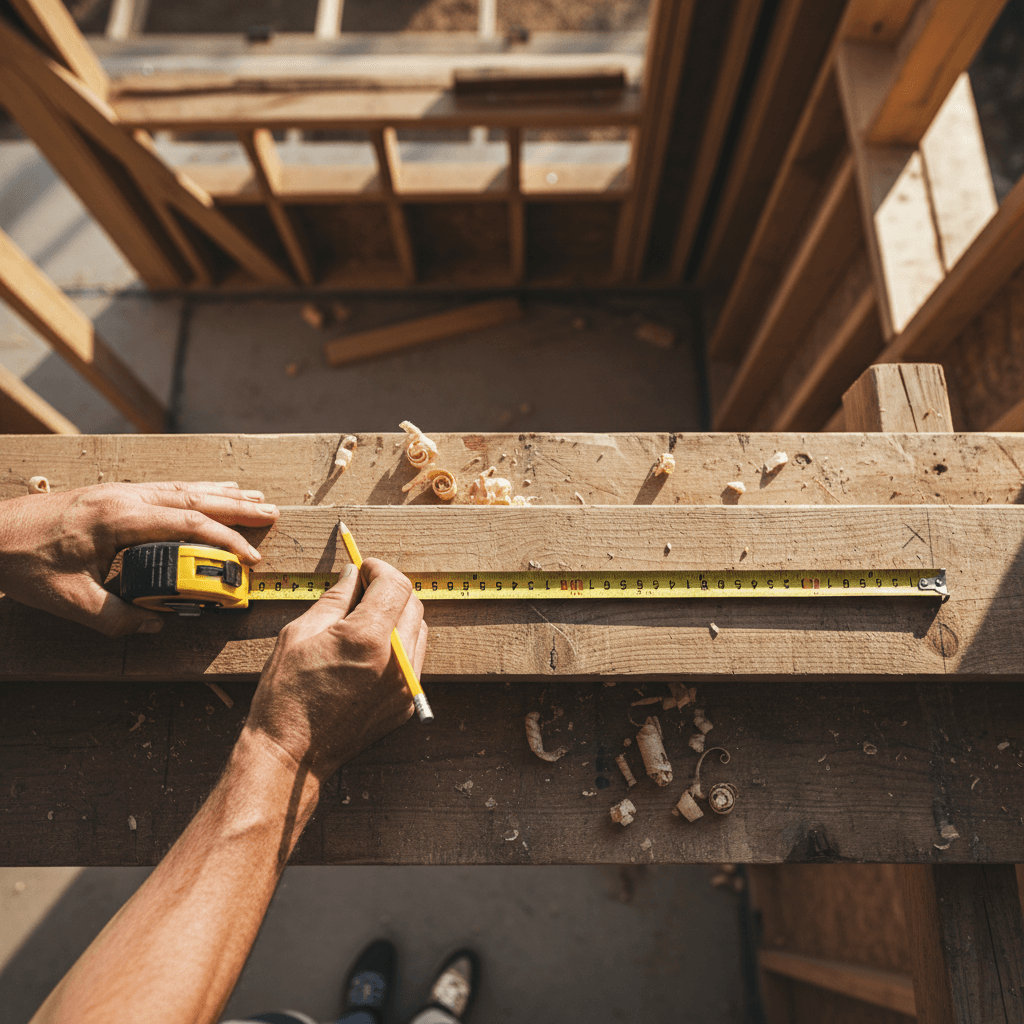 Contractor measuring a wooden beam with termite damage